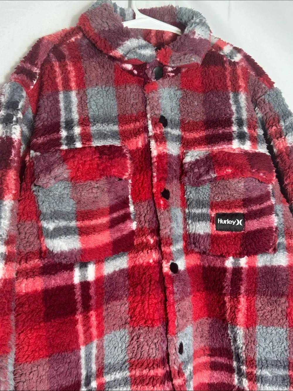Hurley Red & Gray Plaid Sherpa Shacket Boys Size Medium